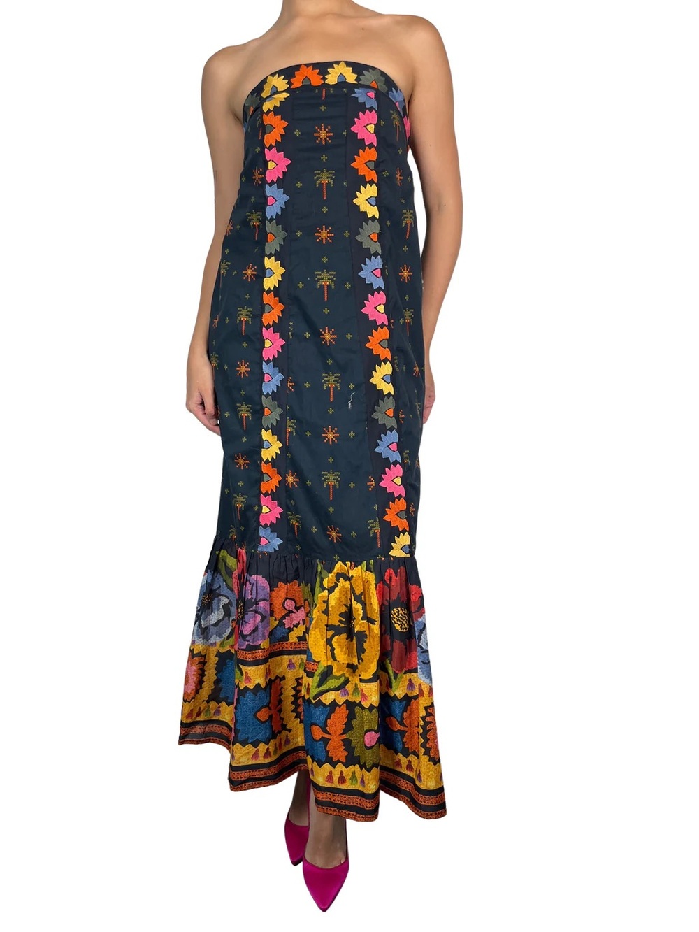 FARM Rio - Folklore Black Strapless Maxi Dress with embroidery and vibrant desig - Picture 4 of 12